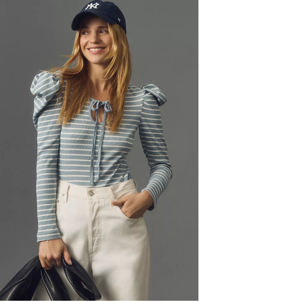 Anthropologie Blue and White Striped Puff-Sleeve Long Sleeve Tee